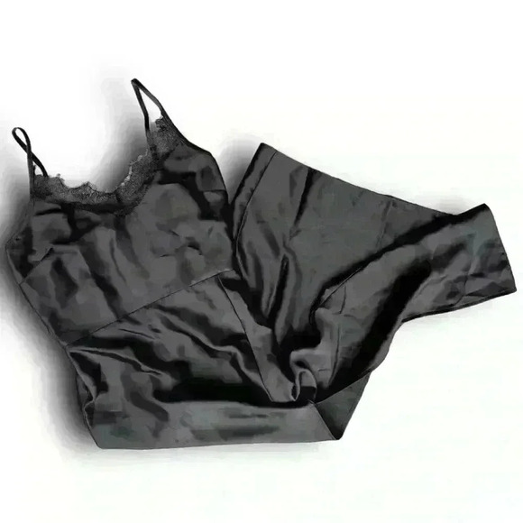 Black Satin Lace Trim Dress Ruched Slit Maxi Size 6 Miss Selfridge Casual Formal - Picture 1 of 8